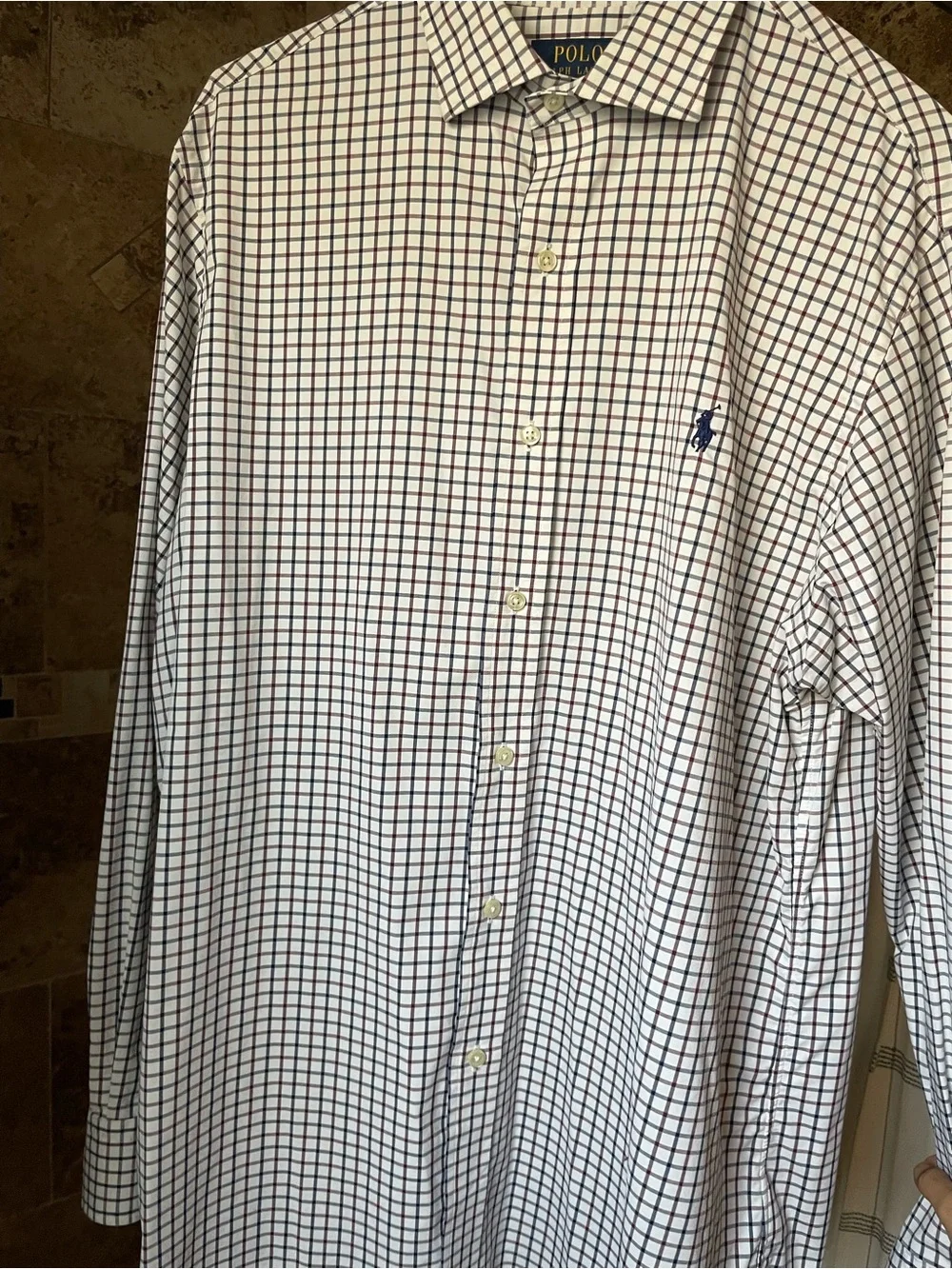 Polo Ralph Lauren White Plaid Button-Down Shirt with Navy and Burgundy Checks